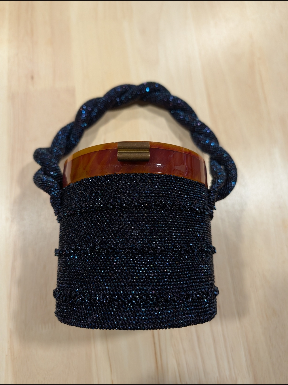 VINTAGE 1950s Handmade Iridescent Glass Bead & Lucite Bucket Bag